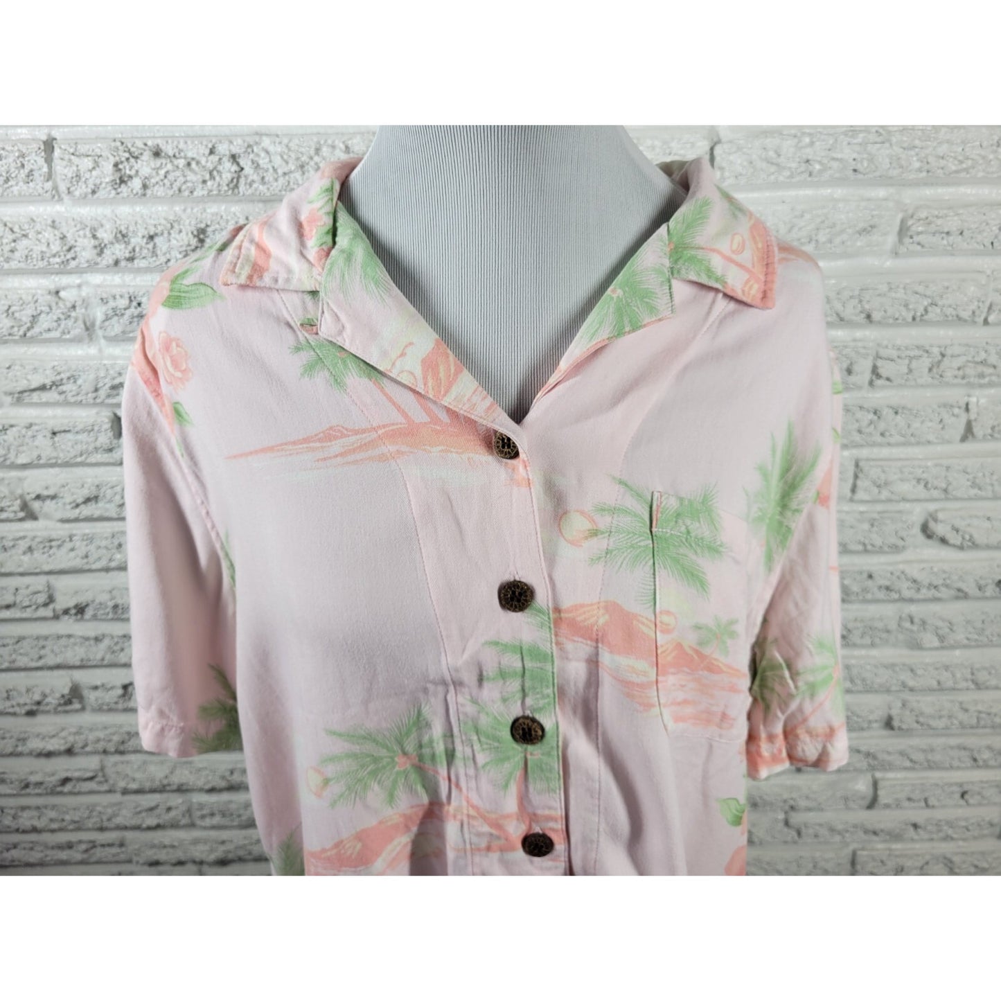 CJ Banks Womens Top X Short Sleeve Pink Tropical Rayon Collar Casual Button Up