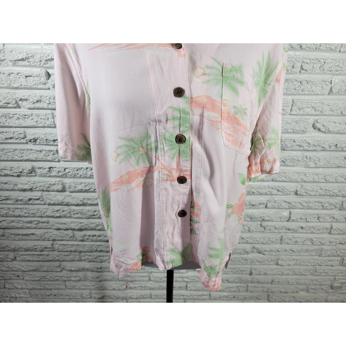 CJ Banks Womens Top X Short Sleeve Pink Tropical Rayon Collar Casual Button Up