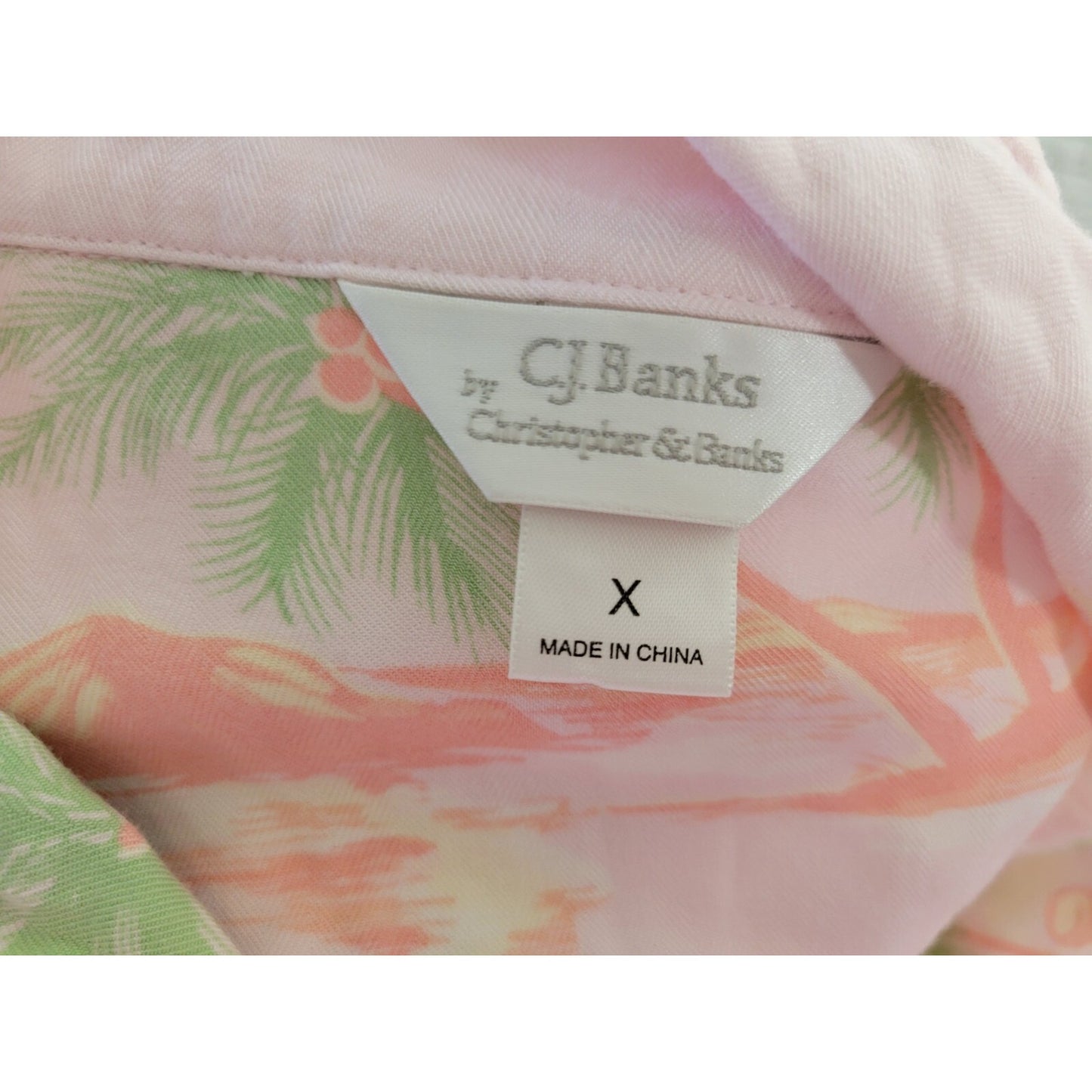 CJ Banks Womens Top X Short Sleeve Pink Tropical Rayon Collar Casual Button Up