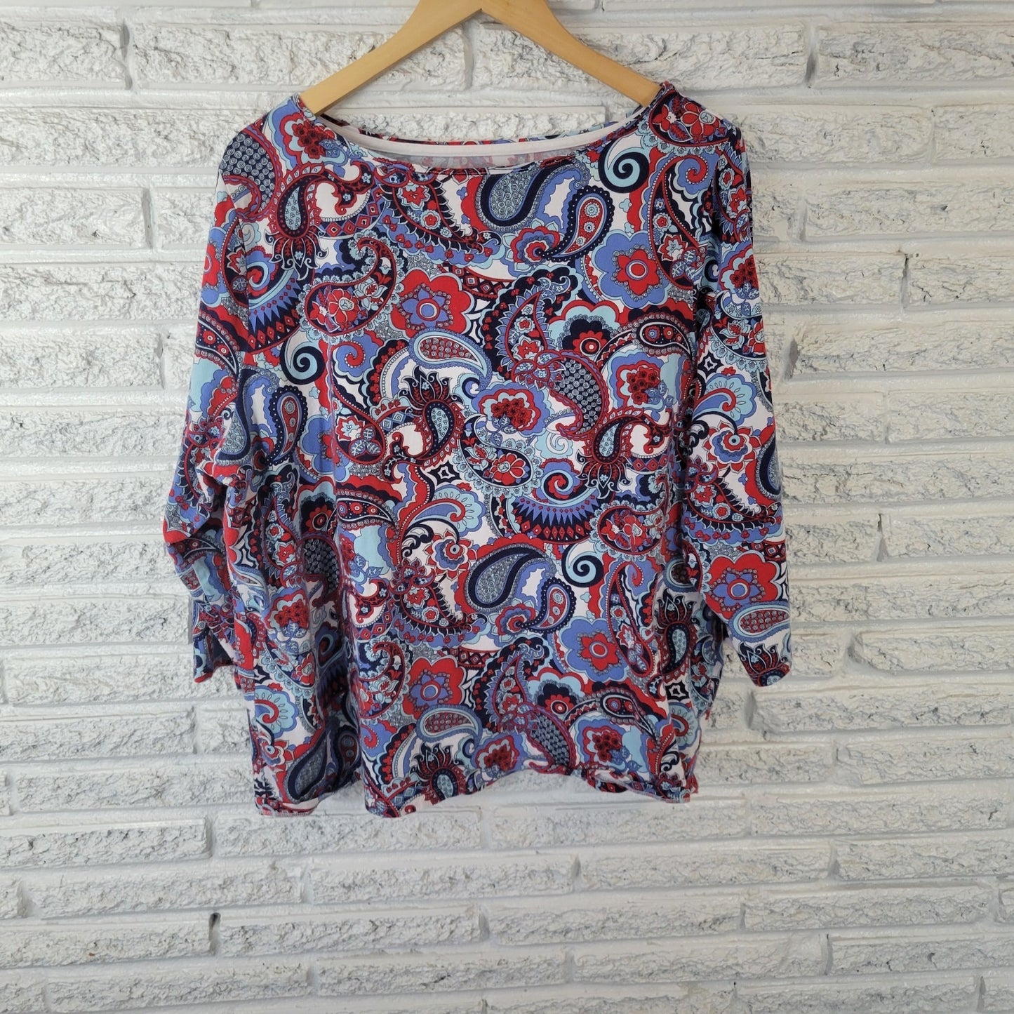 Talbots Womens Top 3X Plus Tee 3/4 Sleeve Blue Red Paisley Cotton Blend Casual