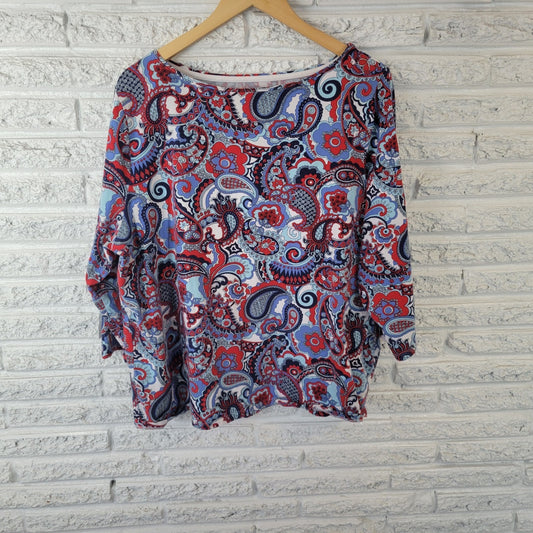 Talbots Womens Top 3X Plus Tee 3/4 Sleeve Blue Red Paisley Cotton Blend Casual