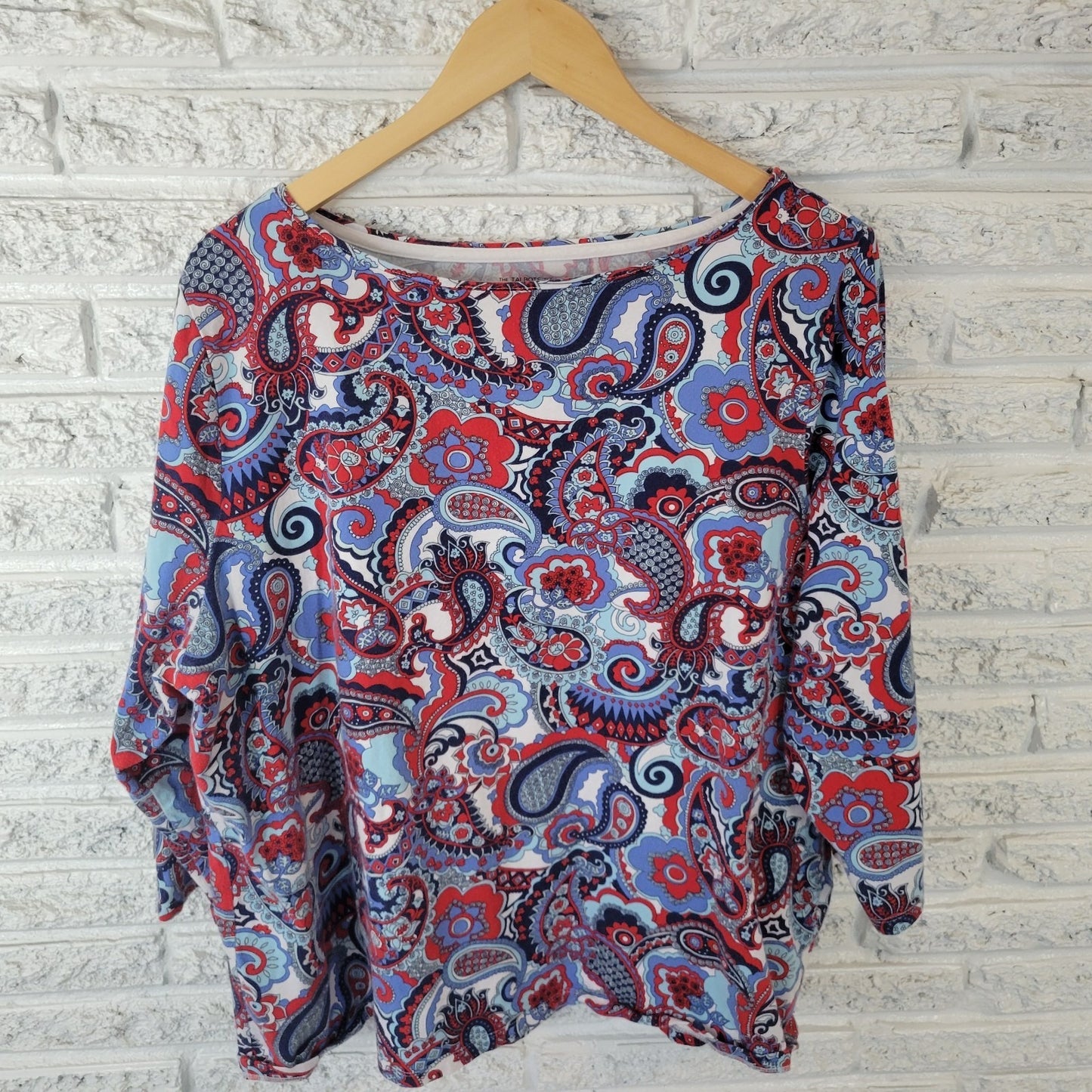 Talbots Womens Top 3X Plus Tee 3/4 Sleeve Blue Red Paisley Cotton Blend Casual