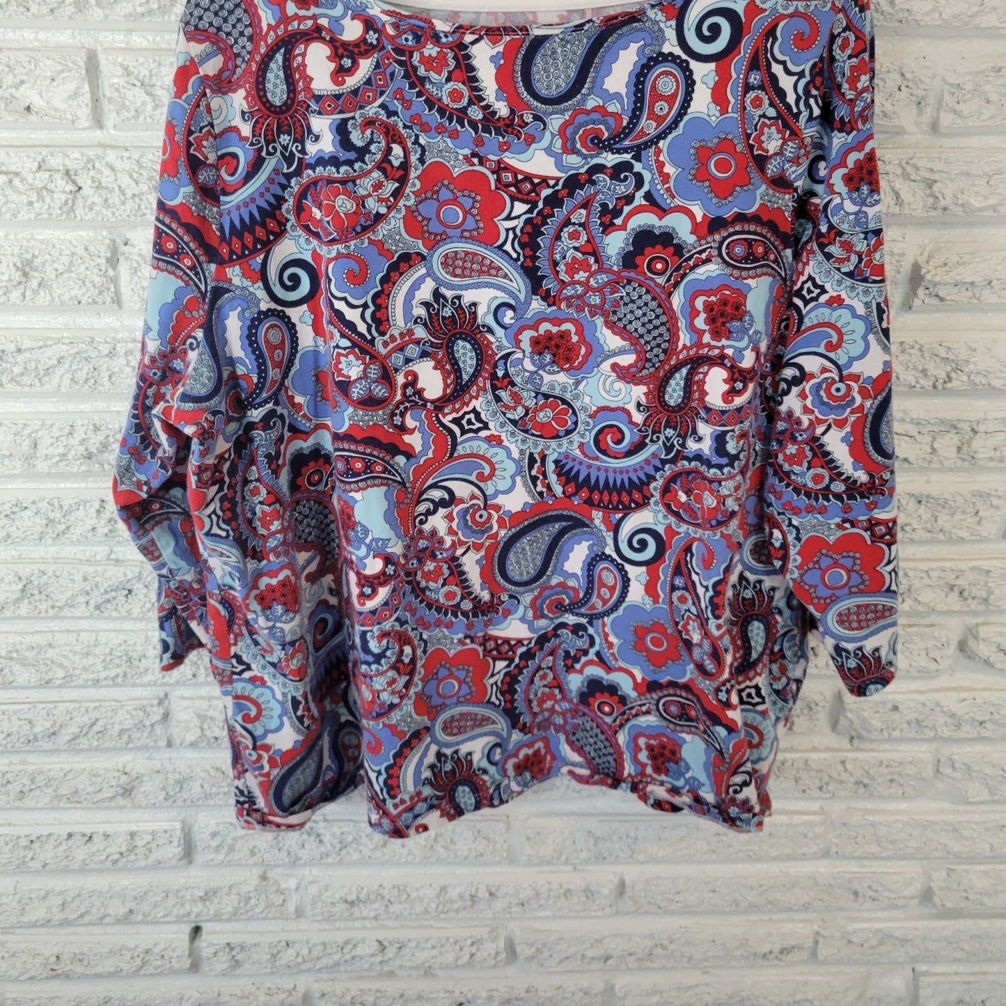 Talbots Womens Top 3X Plus Tee 3/4 Sleeve Blue Red Paisley Cotton Blend Casual