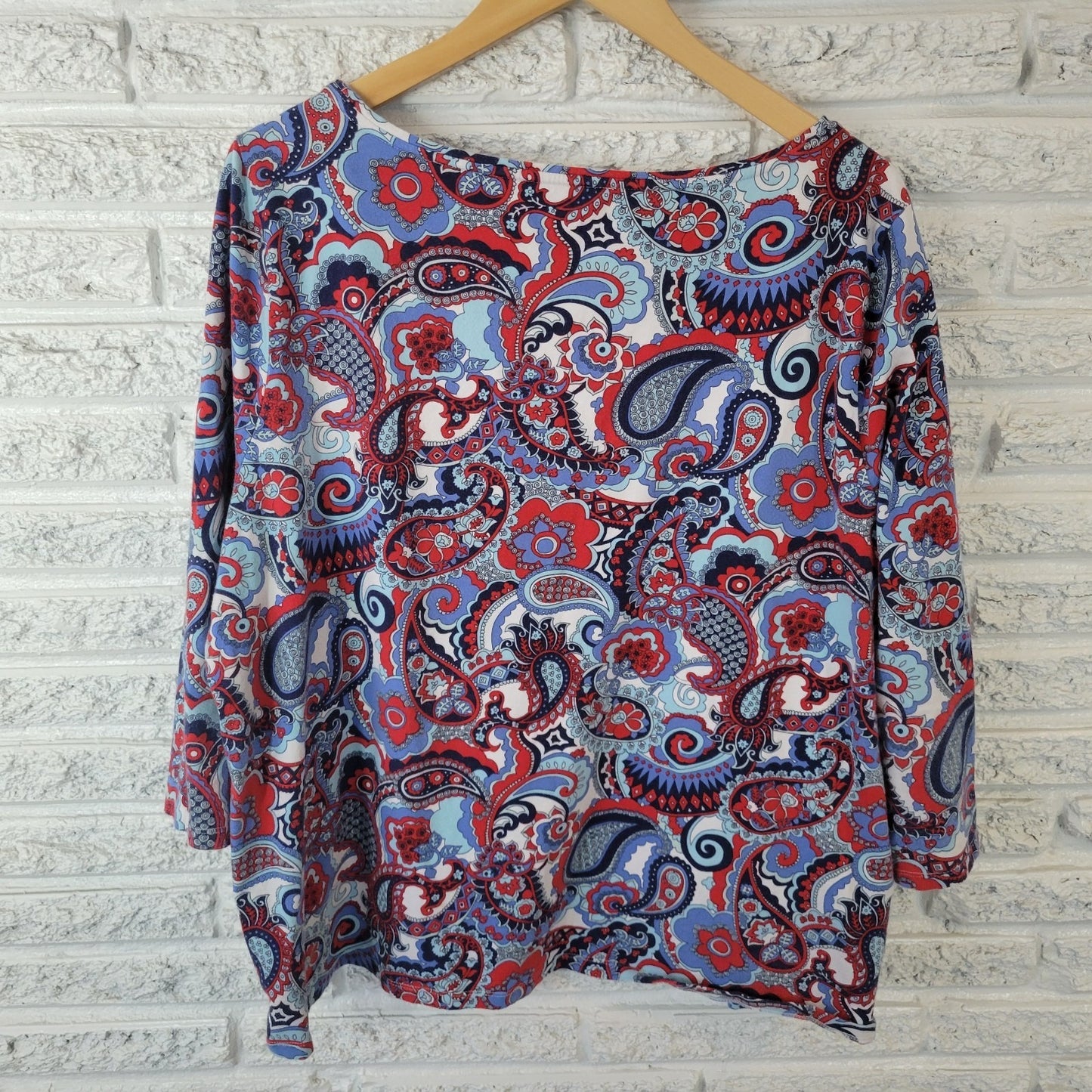 Talbots Womens Top 3X Plus Tee 3/4 Sleeve Blue Red Paisley Cotton Blend Casual