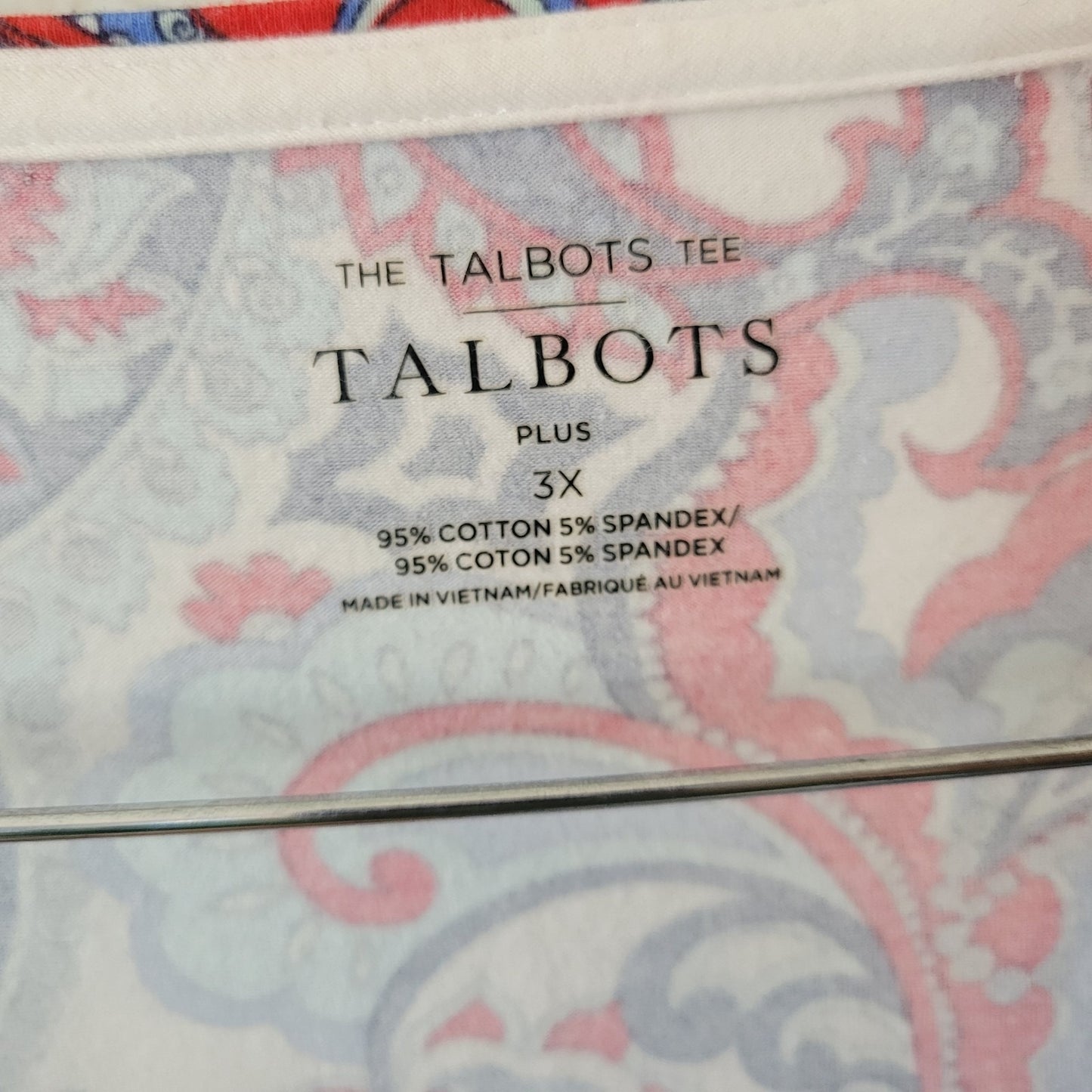 Talbots Womens Top 3X Plus Tee 3/4 Sleeve Blue Red Paisley Cotton Blend Casual