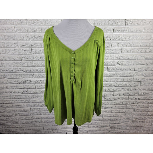 Fashion Bug Womens Top 2X Plus Long Roll Tab Sleeve Green Casual Quarter Button