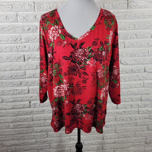 Pioneer Woman Womens Top XXL Plus 3/4 Sleeve Red Black Floral Poly Blend Comfy