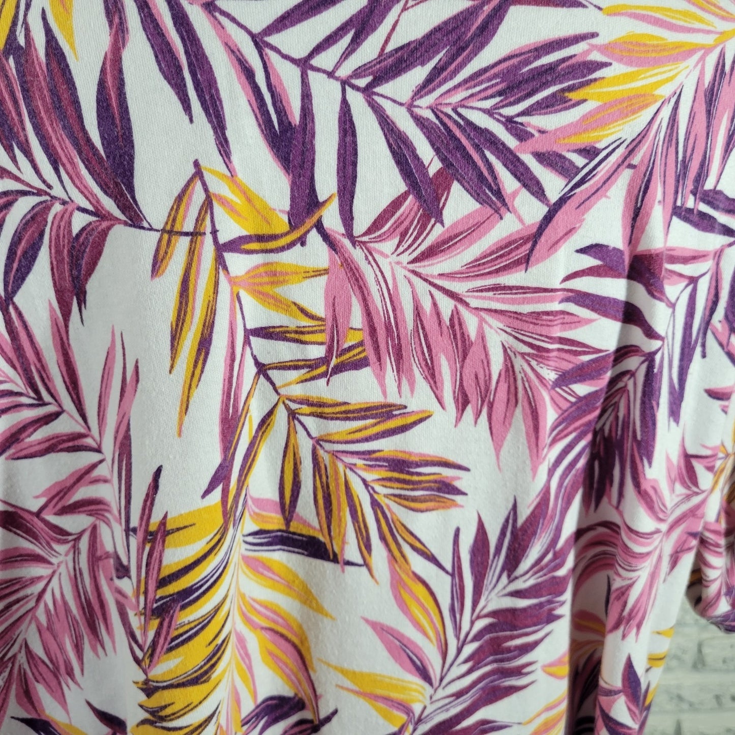 Woman Within Womens Top 1X Plus Short Sleeve Purple Yellow Floral Corded Neck