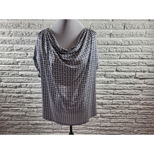 Dana Buchman 2X Plus Size Top Blue Geometric Draped Neck Short Sleeve GEO348E