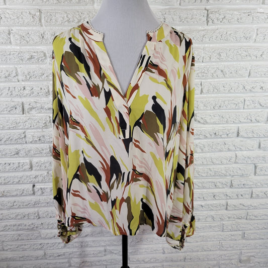 Worthington Womens Plus XXL Blouse Brown Green Watercolor V-Neck WAT105E
