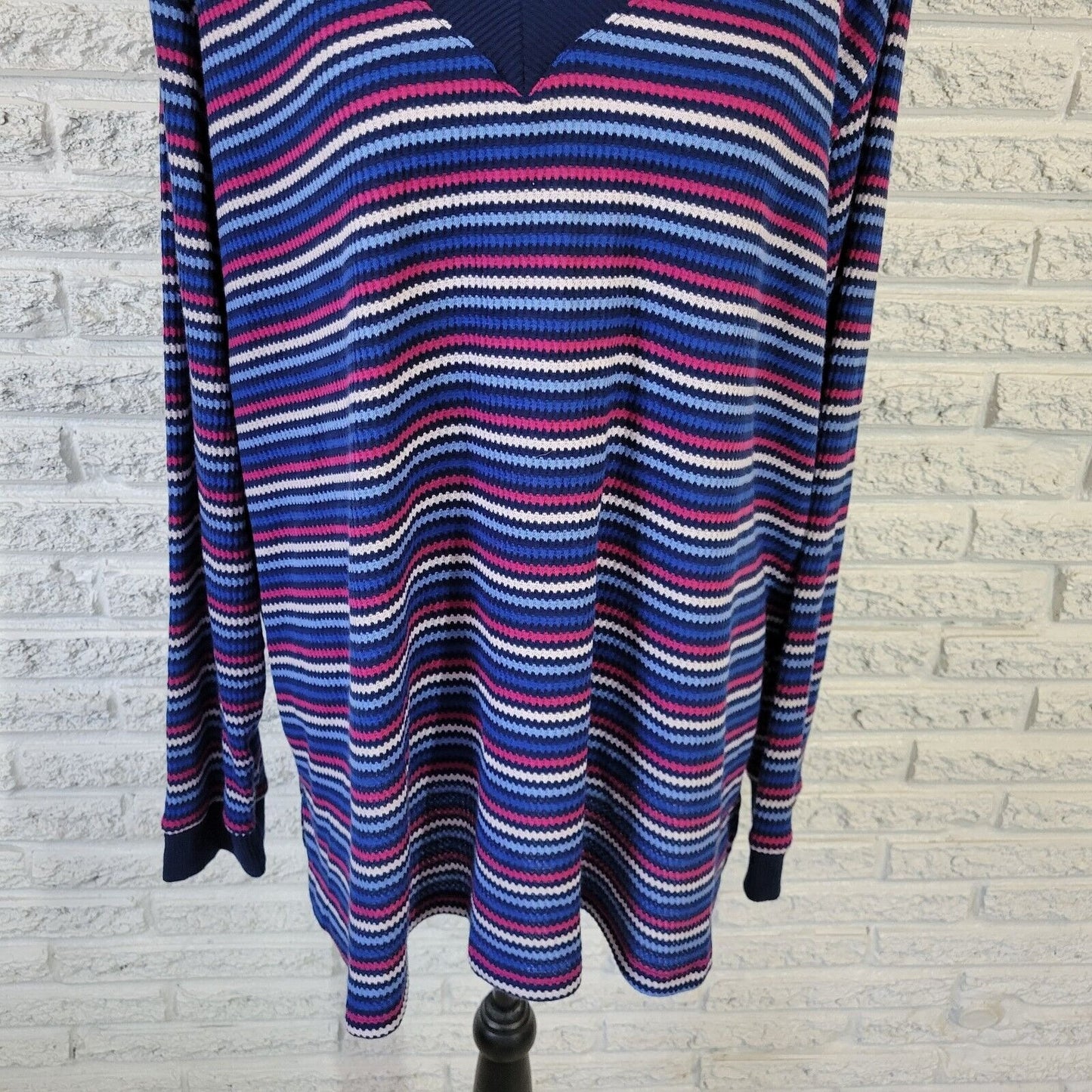 St Johns Bay Womens Sweater 2X Plus Blue Red Stripe Poly Blend Lightweight Comfy