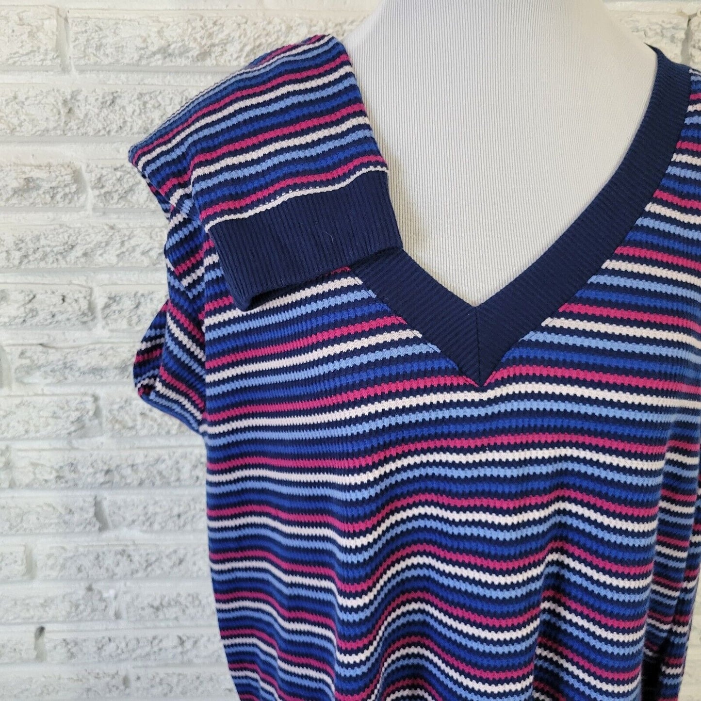 St Johns Bay Womens Sweater 2X Plus Blue Red Stripe Poly Blend Lightweight Comfy