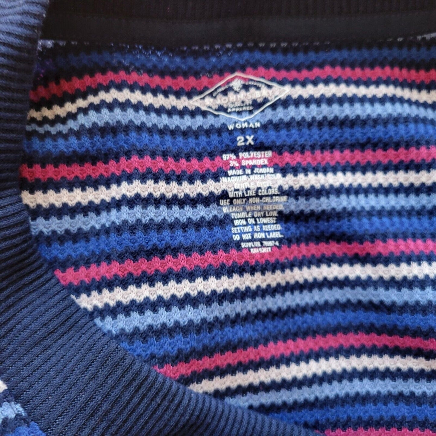 St Johns Bay Womens Sweater 2X Plus Blue Red Stripe Poly Blend Lightweight Comfy