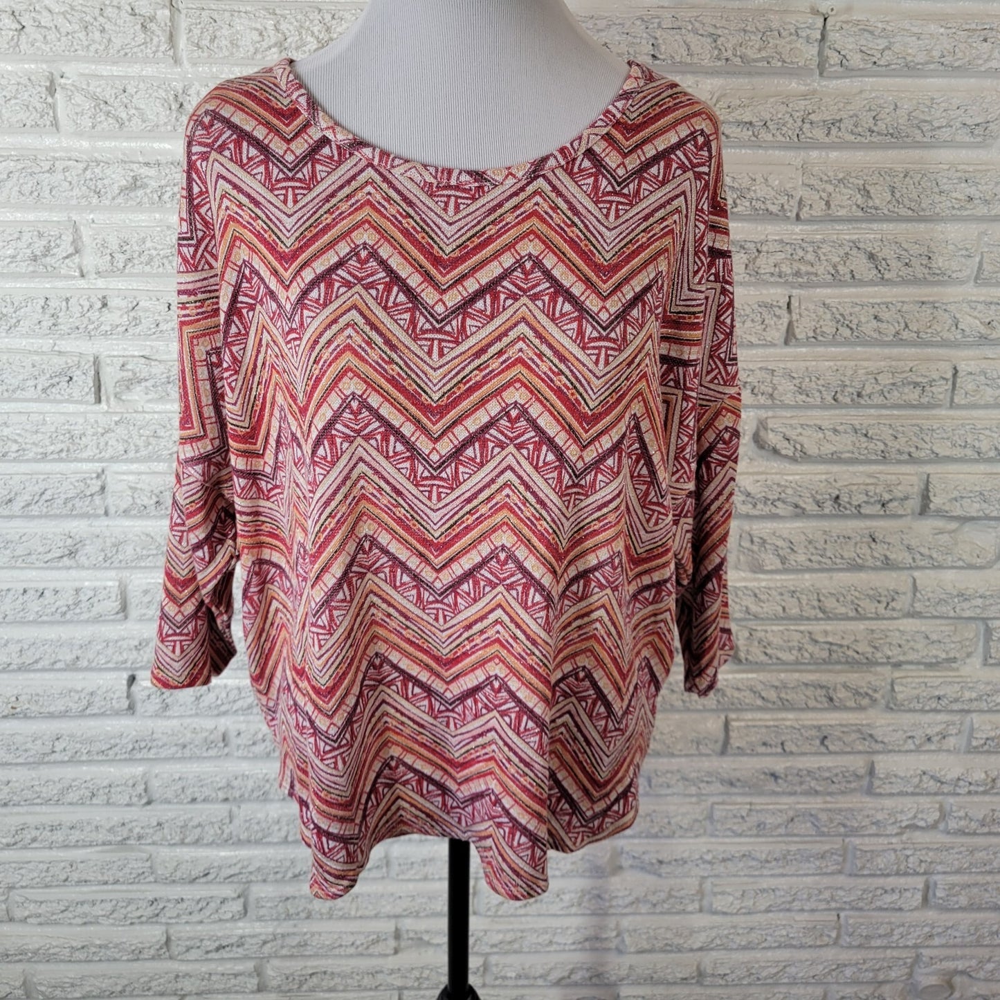 New Directions Women XL Blouse Red Geometric Boat Neck 3/4 Sleeve Knit Pullover