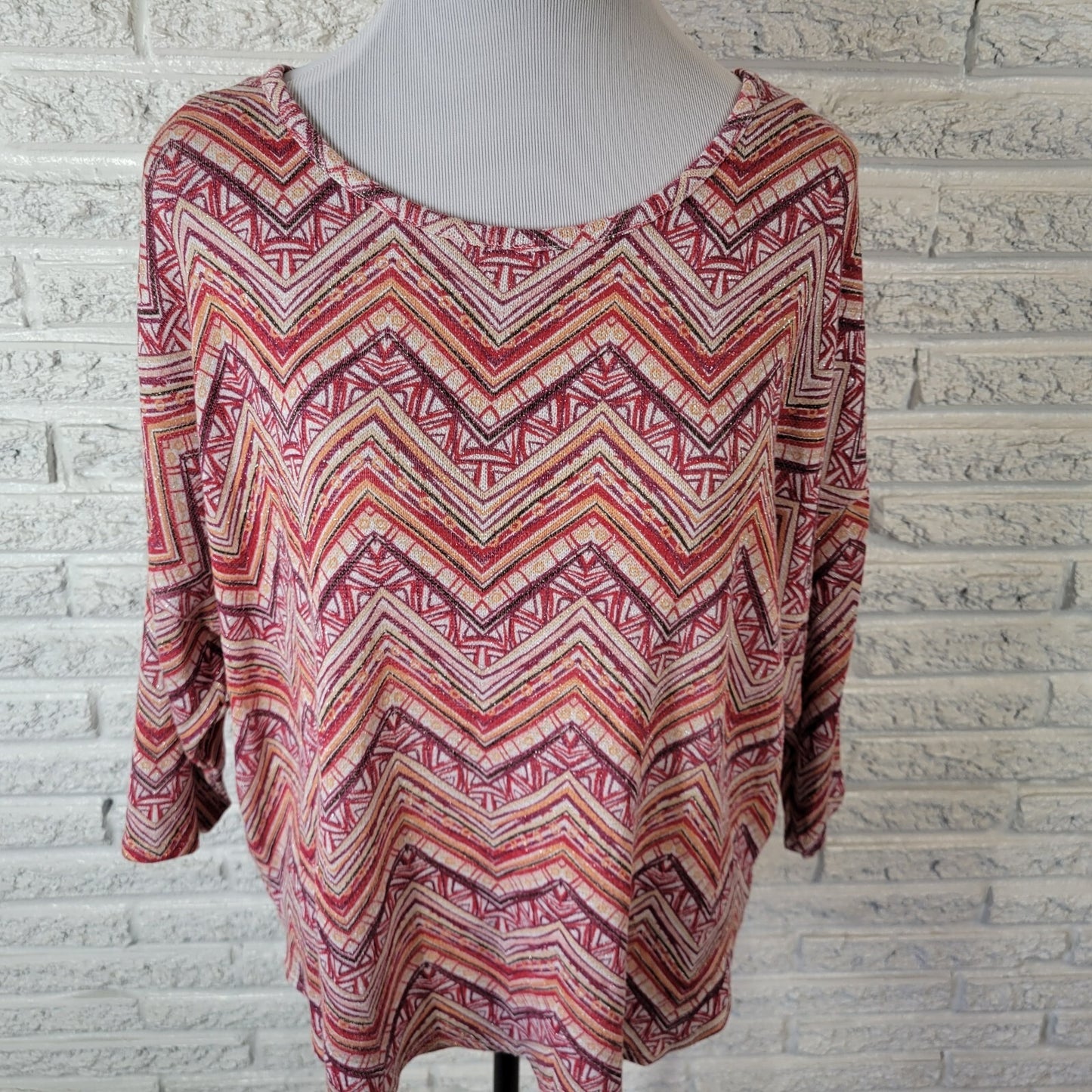 New Directions Women XL Blouse Red Geometric Boat Neck 3/4 Sleeve Knit Pullover