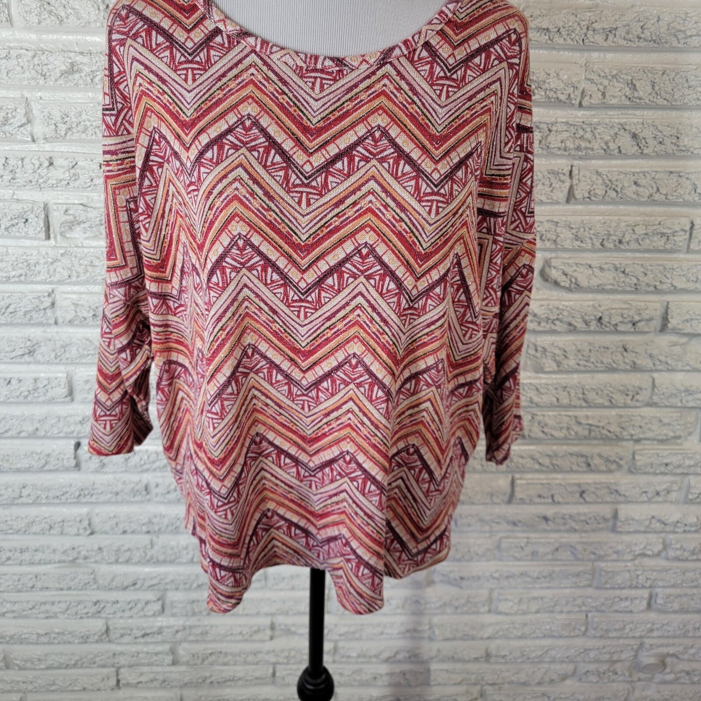 New Directions Women XL Blouse Red Geometric Boat Neck 3/4 Sleeve Knit Pullover