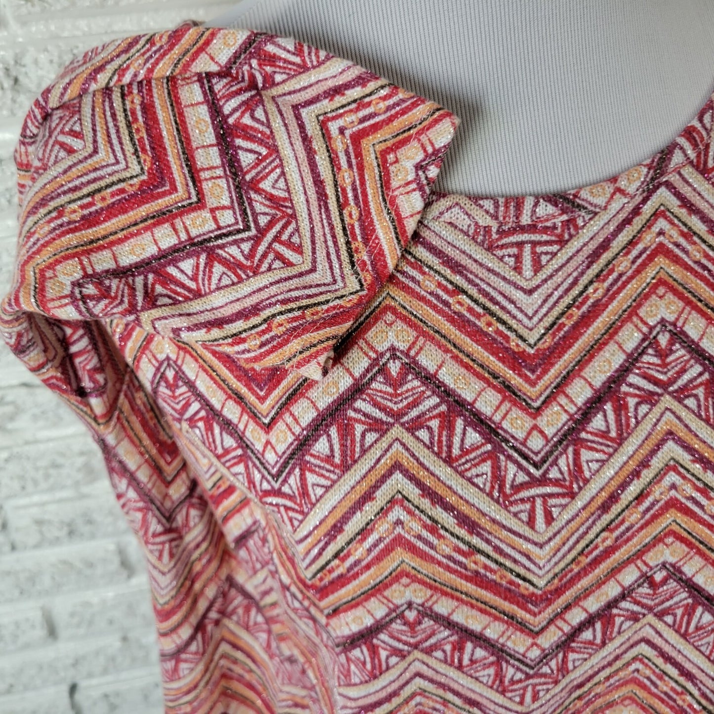 New Directions Women XL Blouse Red Geometric Boat Neck 3/4 Sleeve Knit Pullover