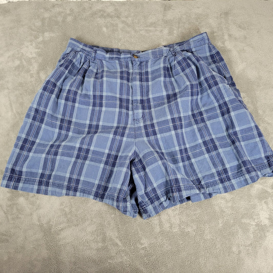 Leslie Fay Womens Shorts 24W Plus Blue White Plaid Zip Fly Linen Cotton Pockets
