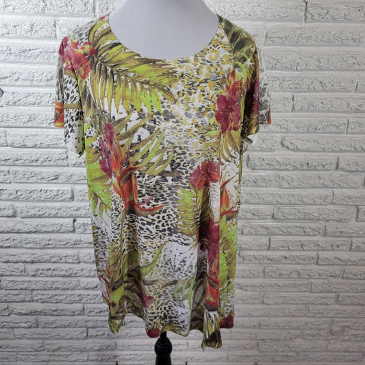 Terra Sky Womens 1X 16W 18W Plus Tee Green Floral Studded Split Hem Lightweight