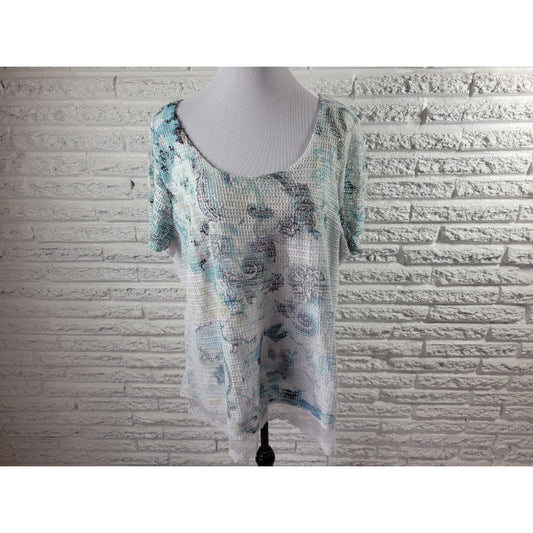 Live Let Live Womens Top XXXL Plus Short Sleeve Crochet Lace Hem Blue Sequins