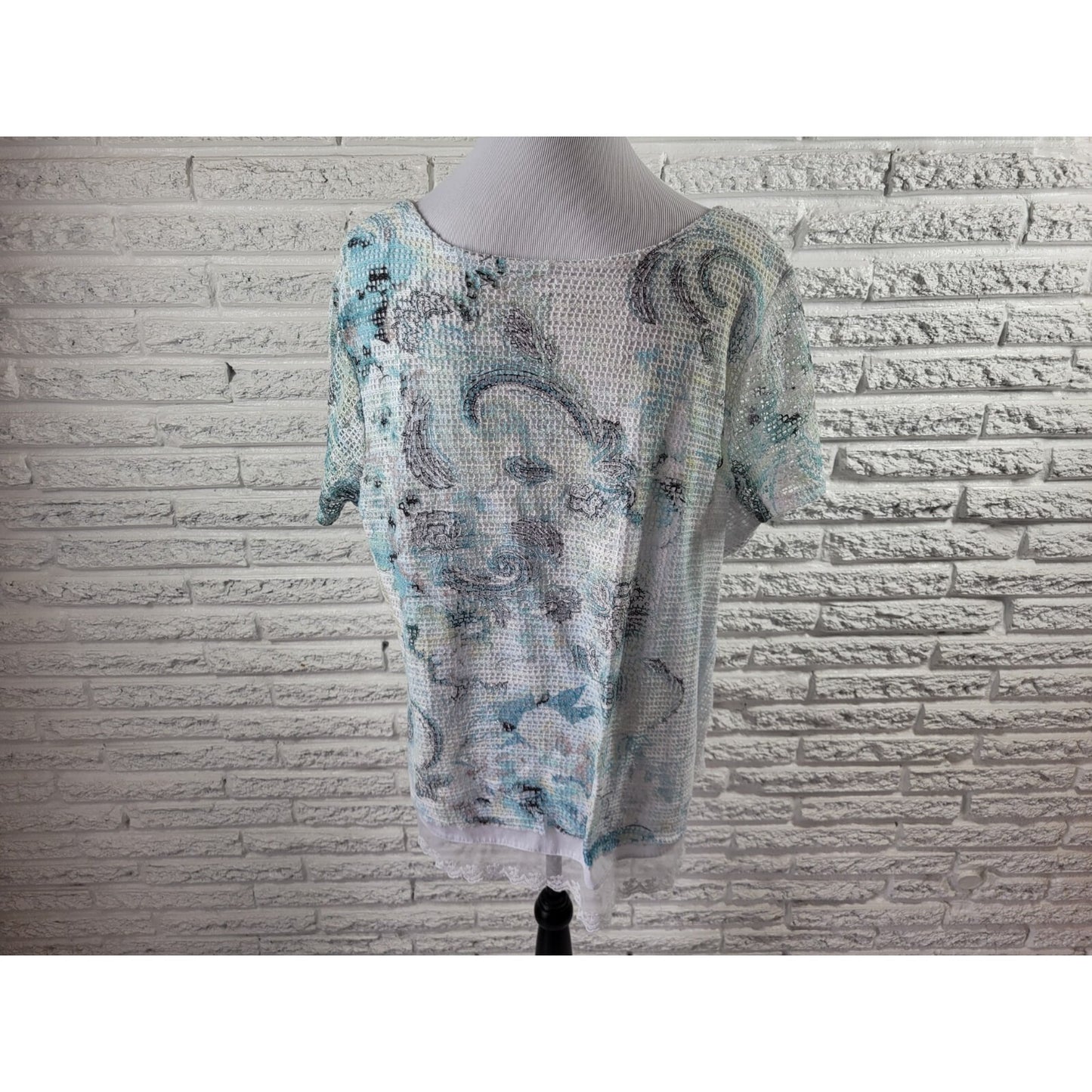 Live Let Live Womens Top XXXL Plus Short Sleeve Crochet Lace Hem Blue Sequins