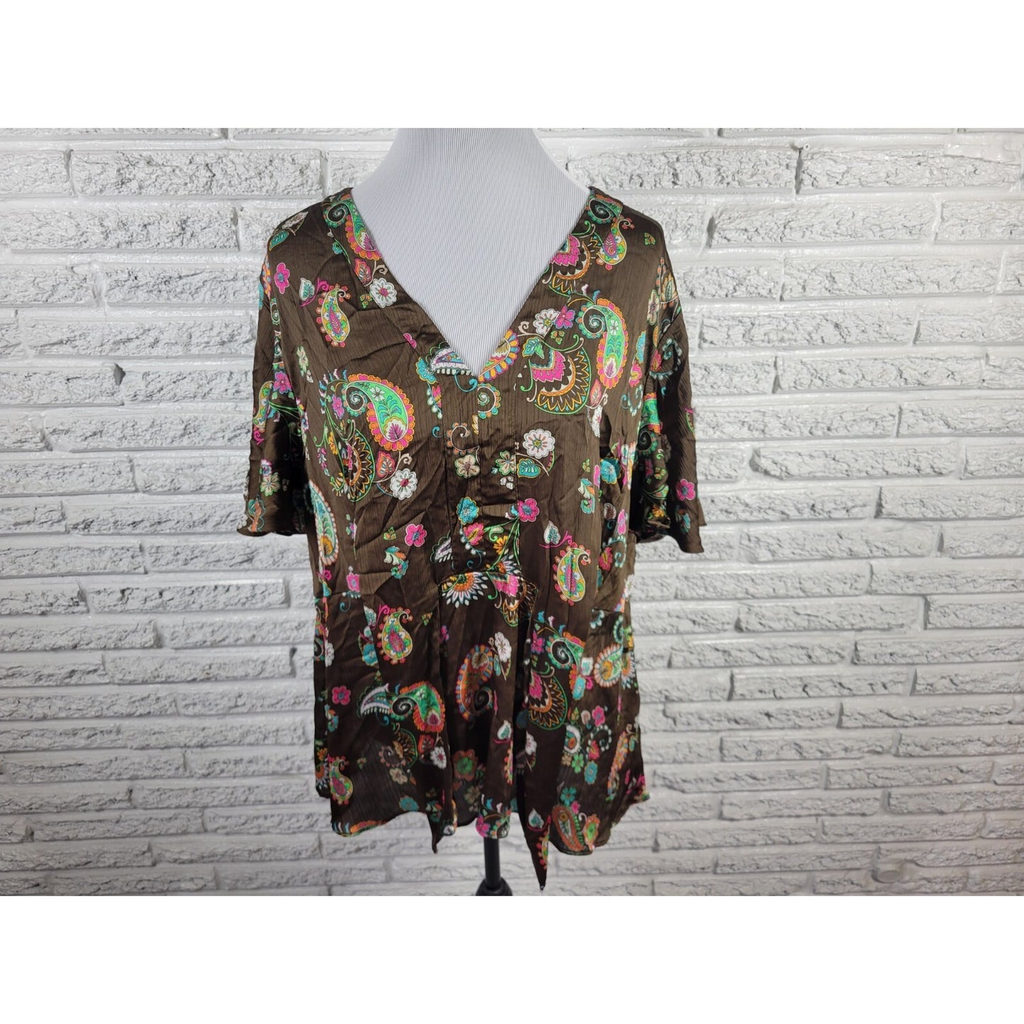 Cato Womens Top 22WP 24WP Plus Flutter Sleeve Brown Paisley Front Tie Polyester