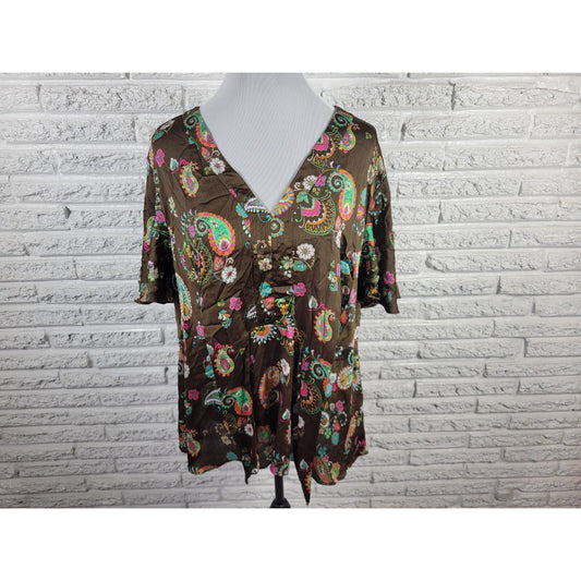 Cato Womens Top 22WP 24WP Plus Flutter Sleeve Brown Paisley Front Tie Polyester