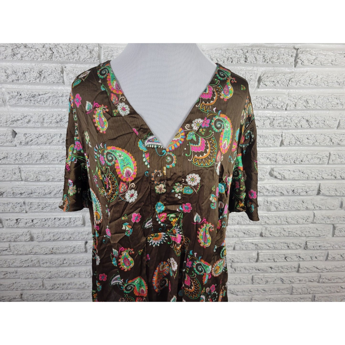 Cato Womens Top 22WP 24WP Plus Flutter Sleeve Brown Paisley Front Tie Polyester