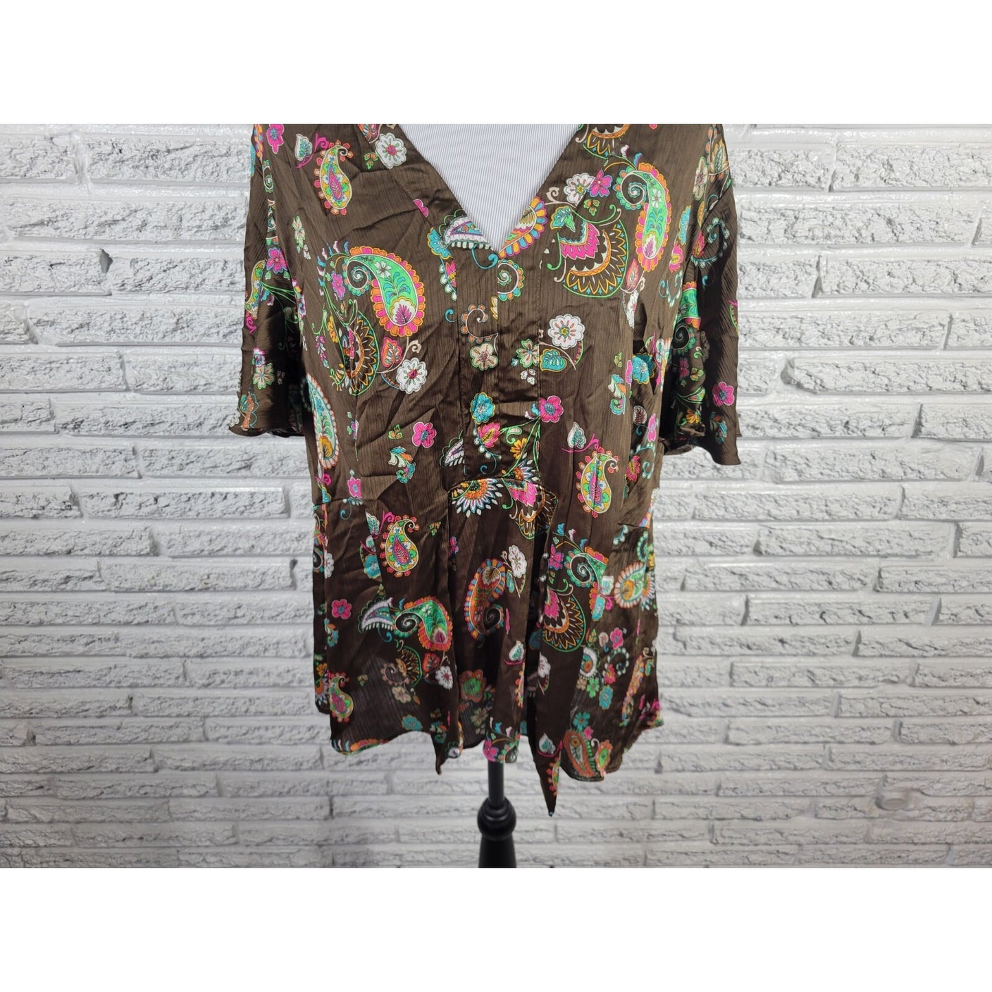 Cato Womens Top 22WP 24WP Plus Flutter Sleeve Brown Paisley Front Tie Polyester