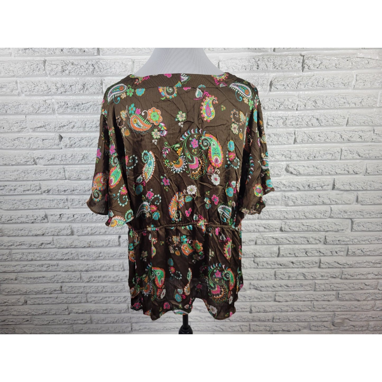 Cato Womens Top 22WP 24WP Plus Flutter Sleeve Brown Paisley Front Tie Polyester