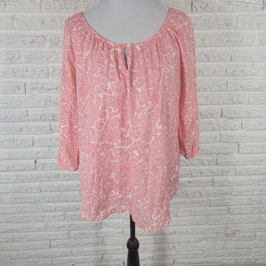 Croft Barrow Womens Top Extra Large XL 3/4 Sleeve Pink Geometric Keyhole Cotton
