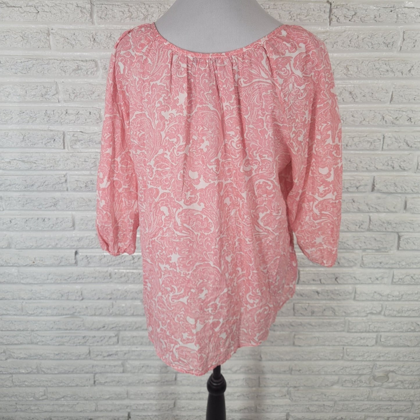 Croft Barrow Womens Top Extra Large XL 3/4 Sleeve Pink Geometric Keyhole Cotton