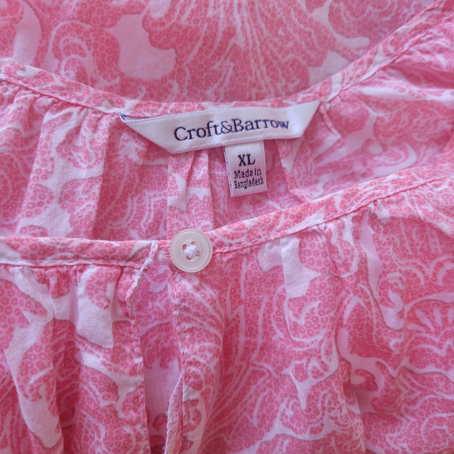 Croft Barrow Womens Top Extra Large XL 3/4 Sleeve Pink Geometric Keyhole Cotton