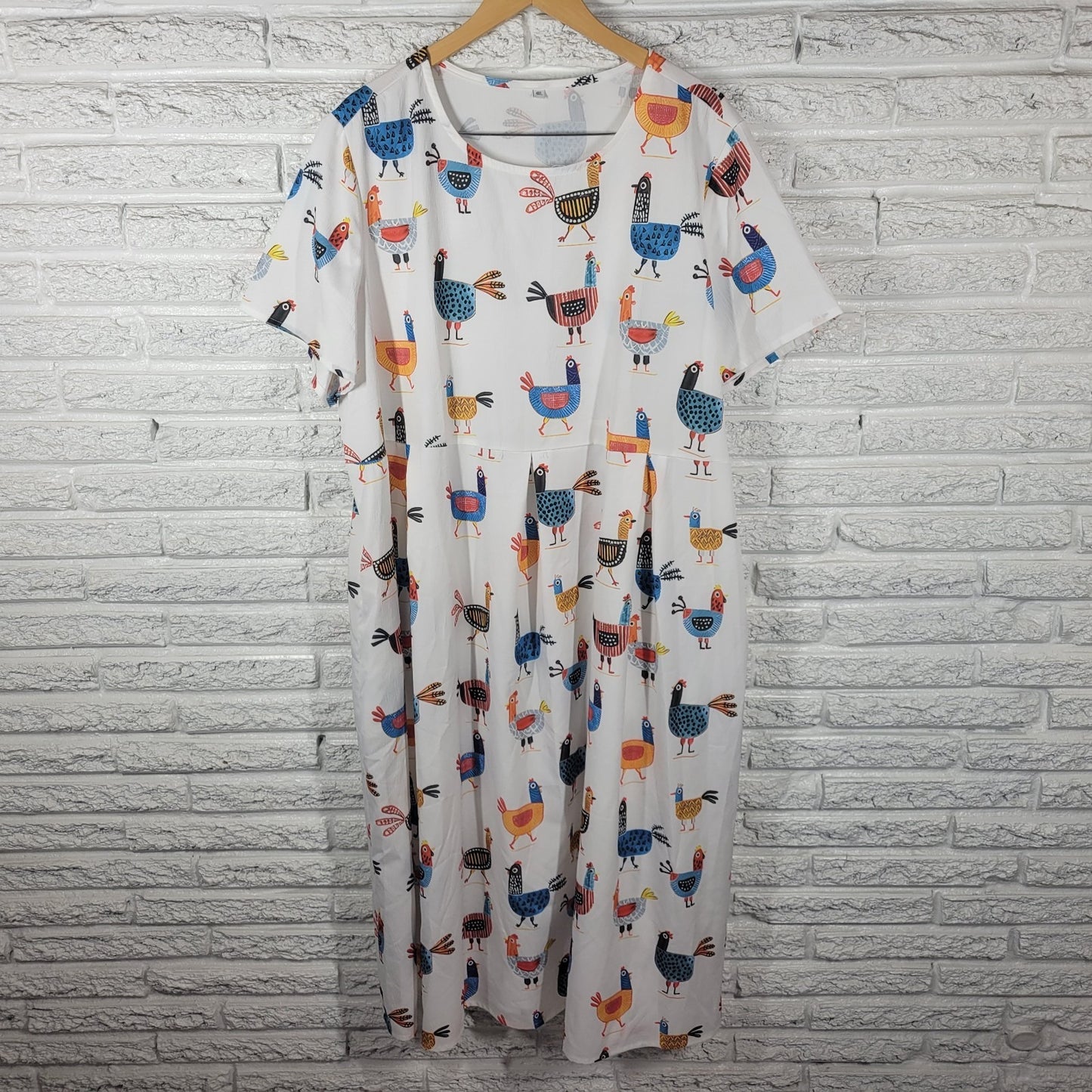 Women Dress 4XL Plus Fit Flare Short Sleeve White Chickens All Over Casual Artsy