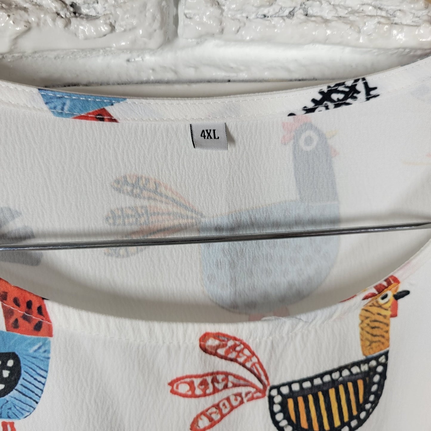 Women Dress 4XL Plus Fit Flare Short Sleeve White Chickens All Over Casual Artsy