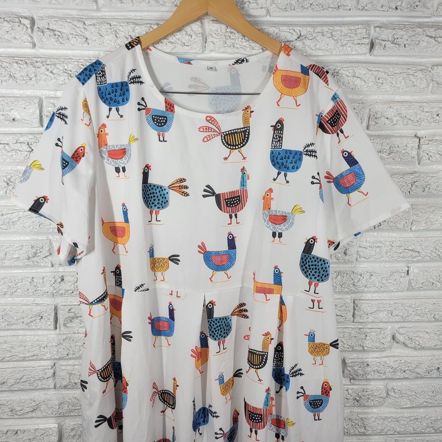 Women Dress 4XL Plus Fit Flare Short Sleeve White Chickens All Over Casual Artsy