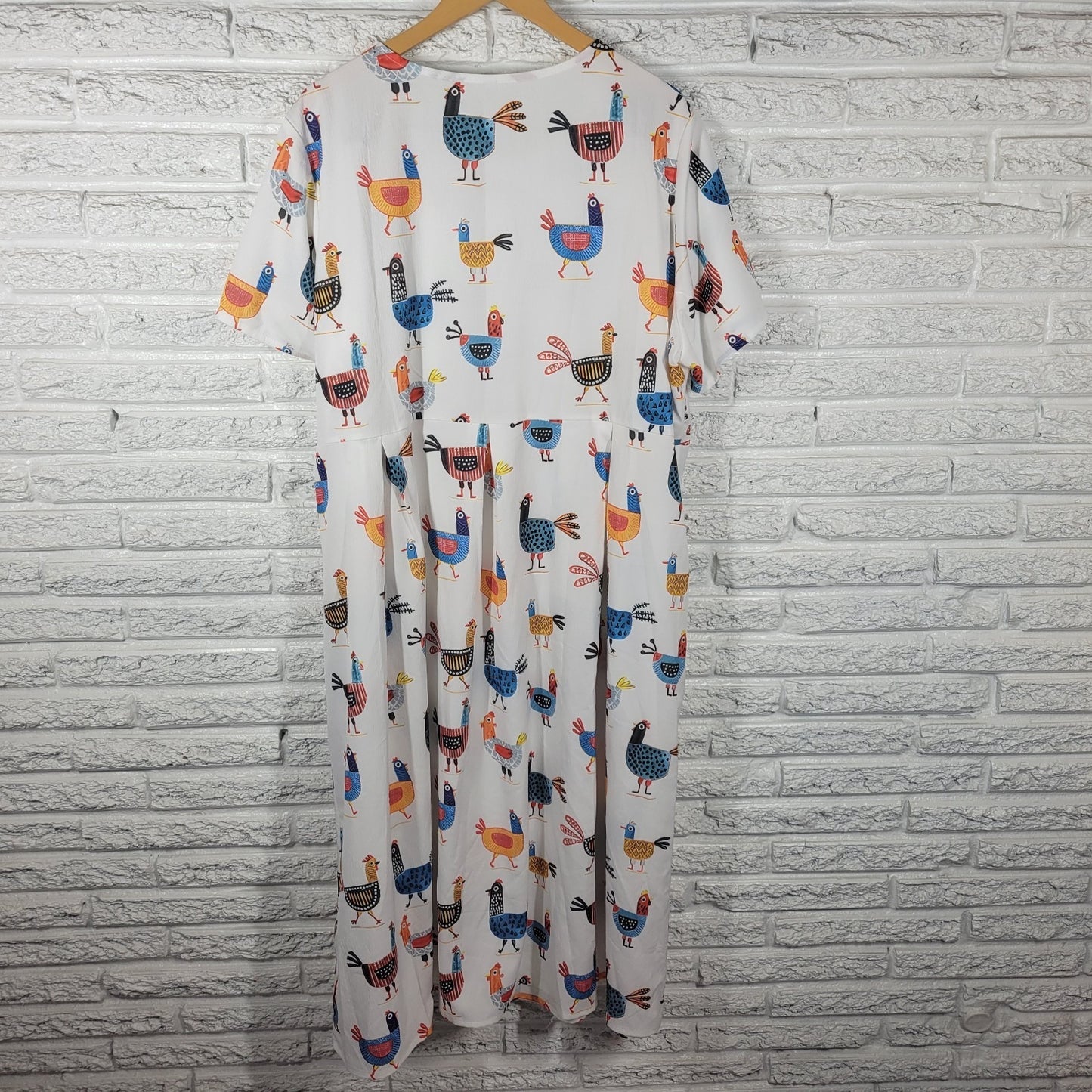 Women Dress 4XL Plus Fit Flare Short Sleeve White Chickens All Over Casual Artsy