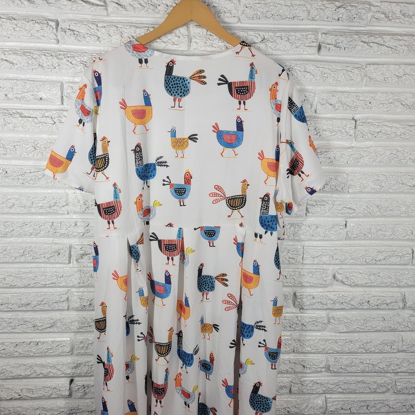 Women Dress 4XL Plus Fit Flare Short Sleeve White Chickens All Over Casual Artsy