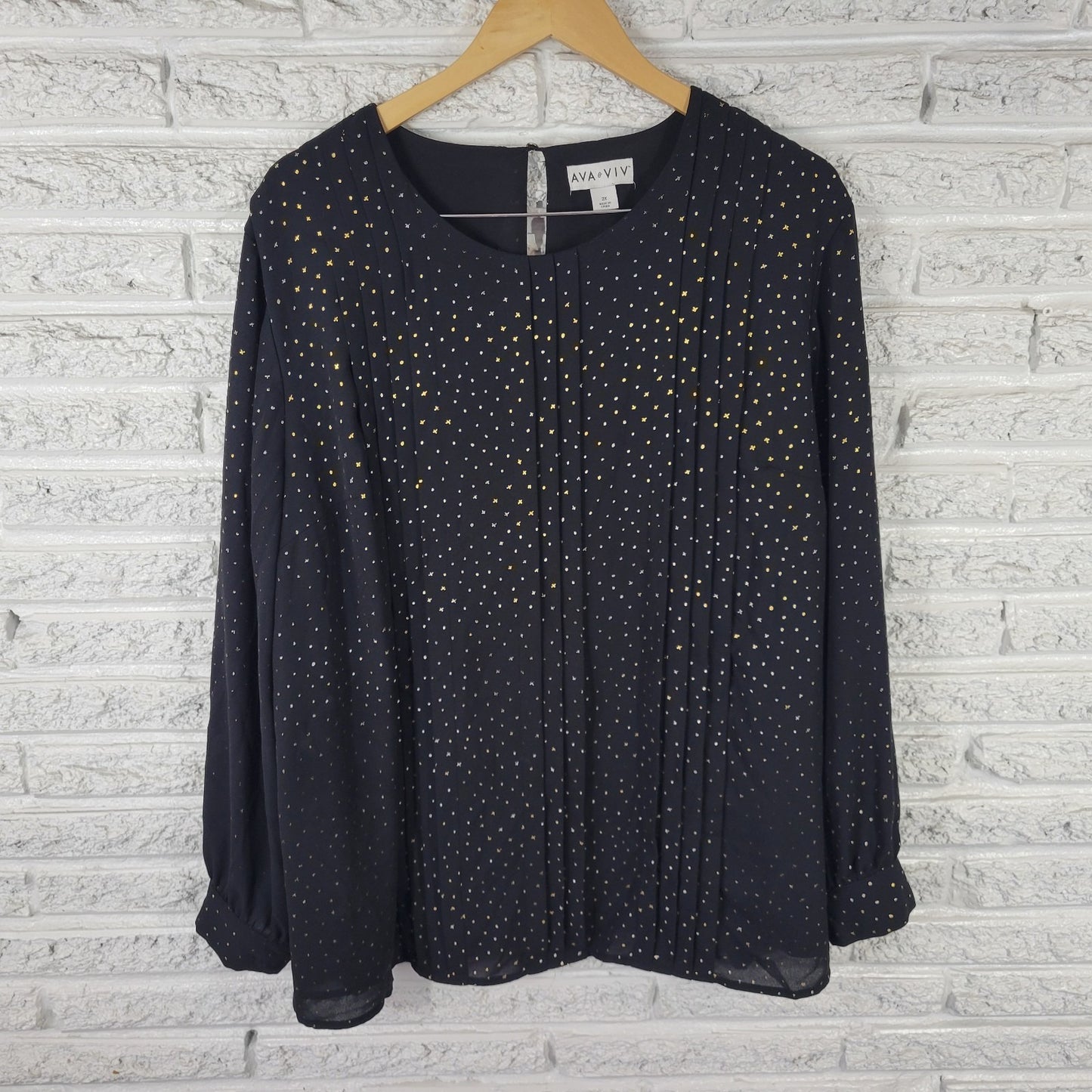 Ava Viv Women Top 2X Plus Tunic Black Gold X's Pintuck Back Keyhole Lined Office