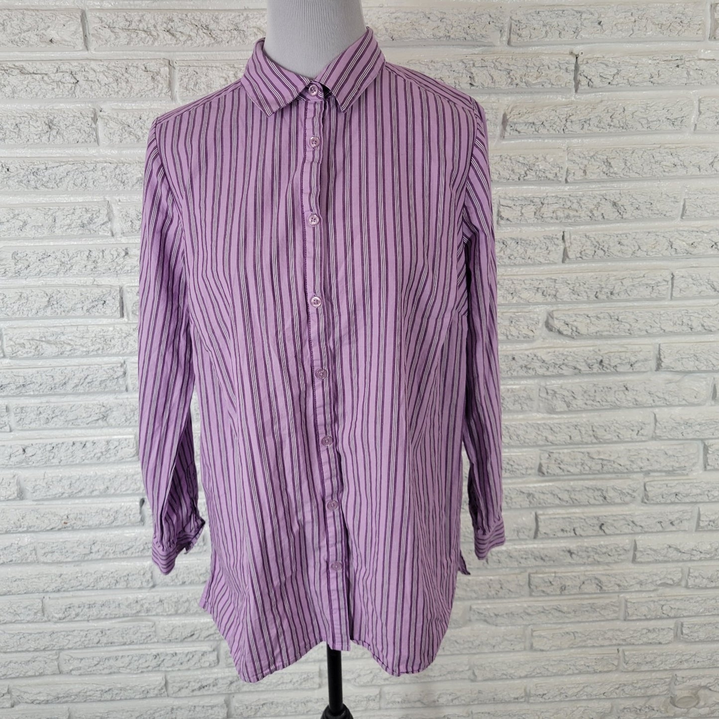 Roamans Womens Top 16W Plus Long Sleeve Button Up Purple Stripe Cotton Office