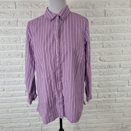 Roamans Womens Top 16W Plus Long Sleeve Button Up Purple Stripe Cotton Office
