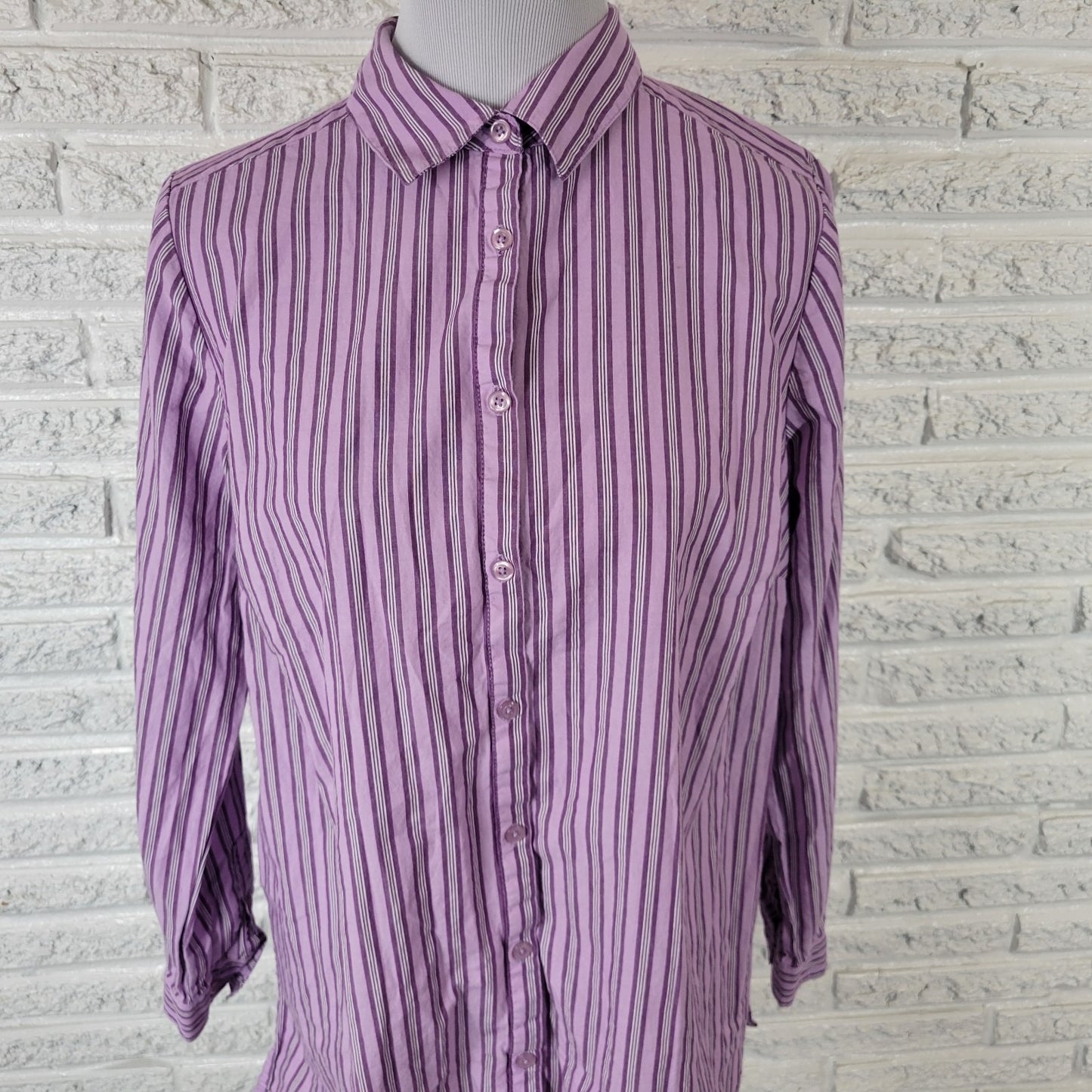 Roamans Womens Top 16W Plus Long Sleeve Button Up Purple Stripe Cotton Office