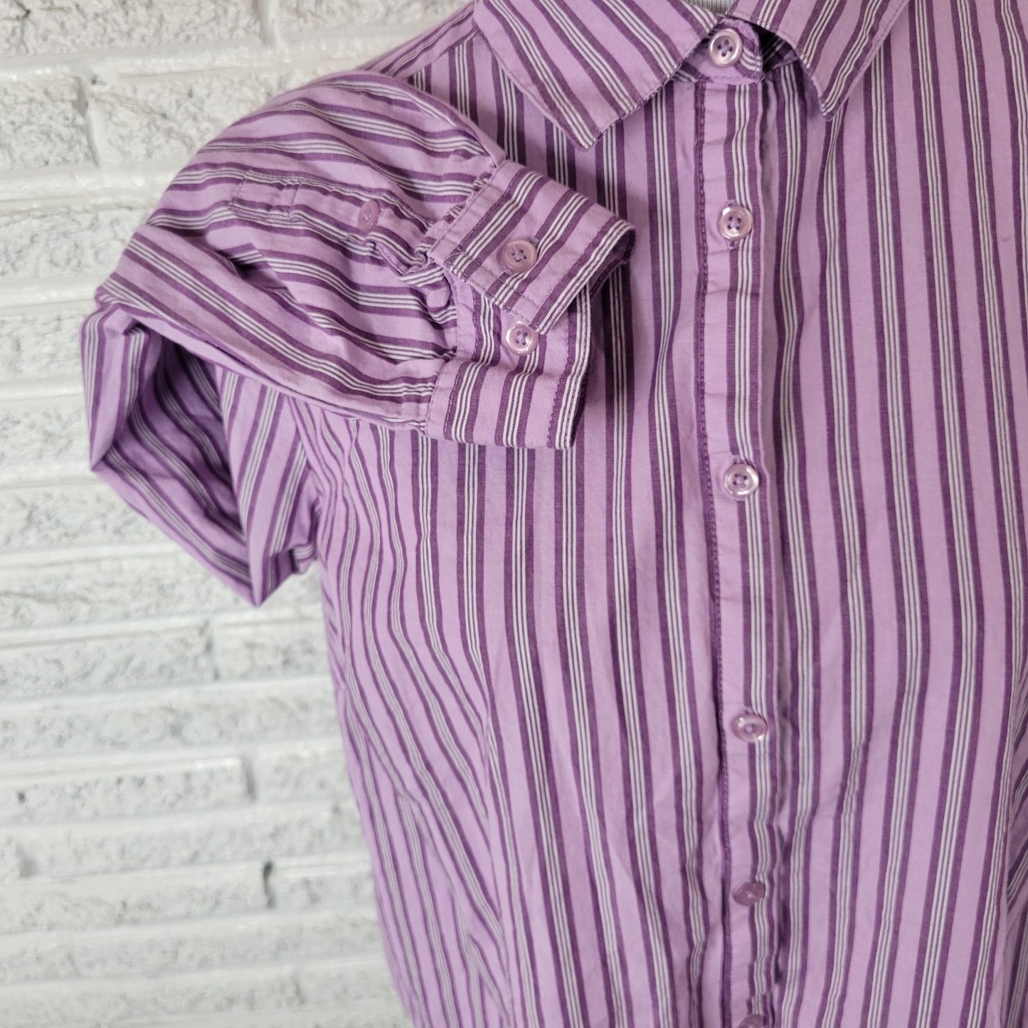 Roamans Womens Top 16W Plus Long Sleeve Button Up Purple Stripe Cotton Office