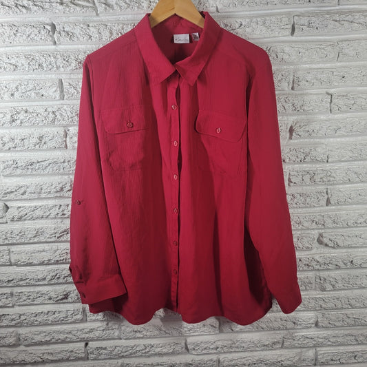 Kim Rogers Women Top 3X Plus Roll Tab Sleeve Red Pockets Lightweight Polyester