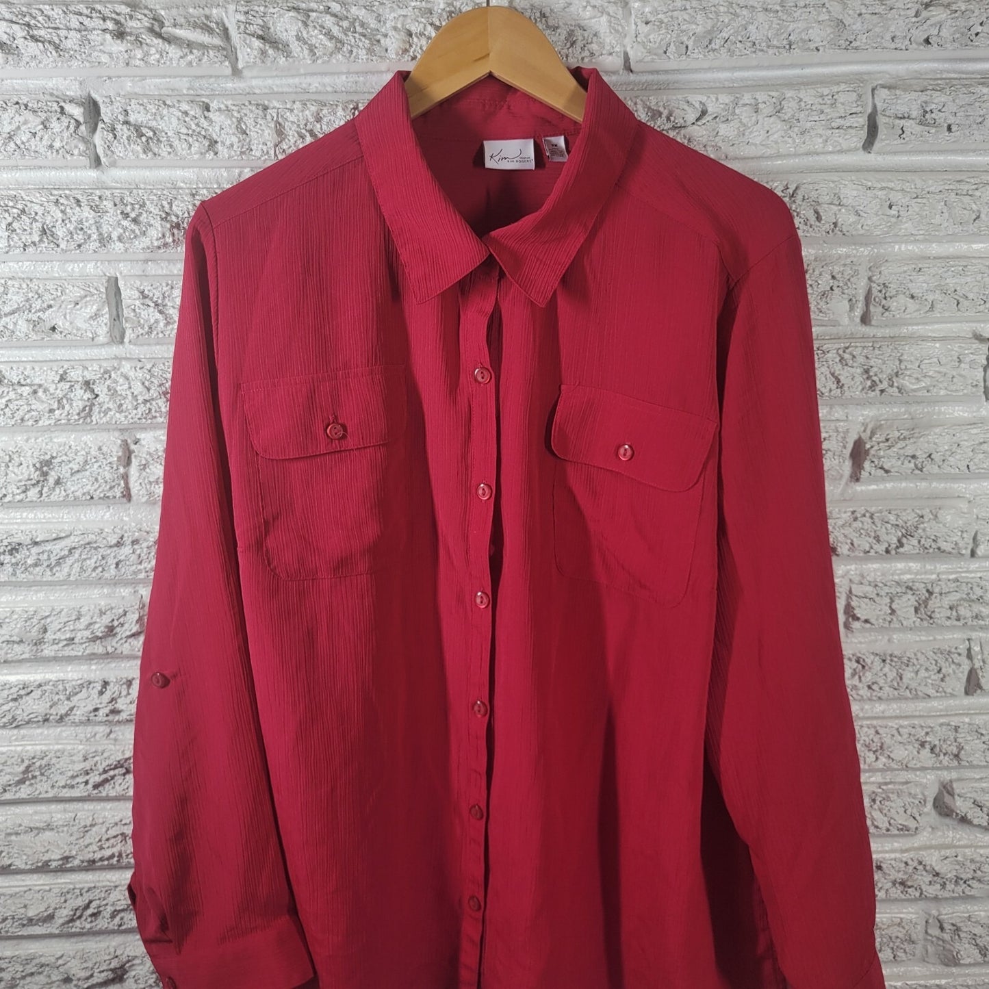 Kim Rogers Women Top 3X Plus Roll Tab Sleeve Red Pockets Lightweight Polyester