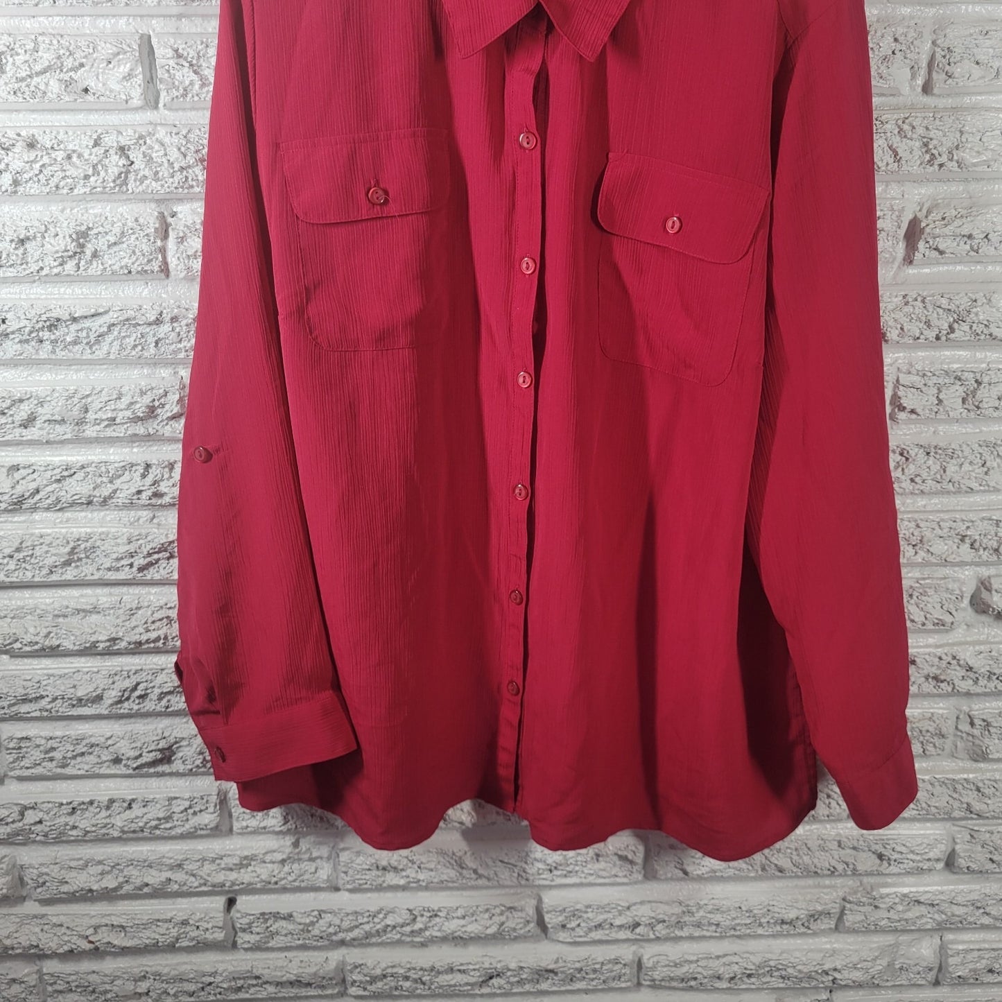 Kim Rogers Women Top 3X Plus Roll Tab Sleeve Red Pockets Lightweight Polyester