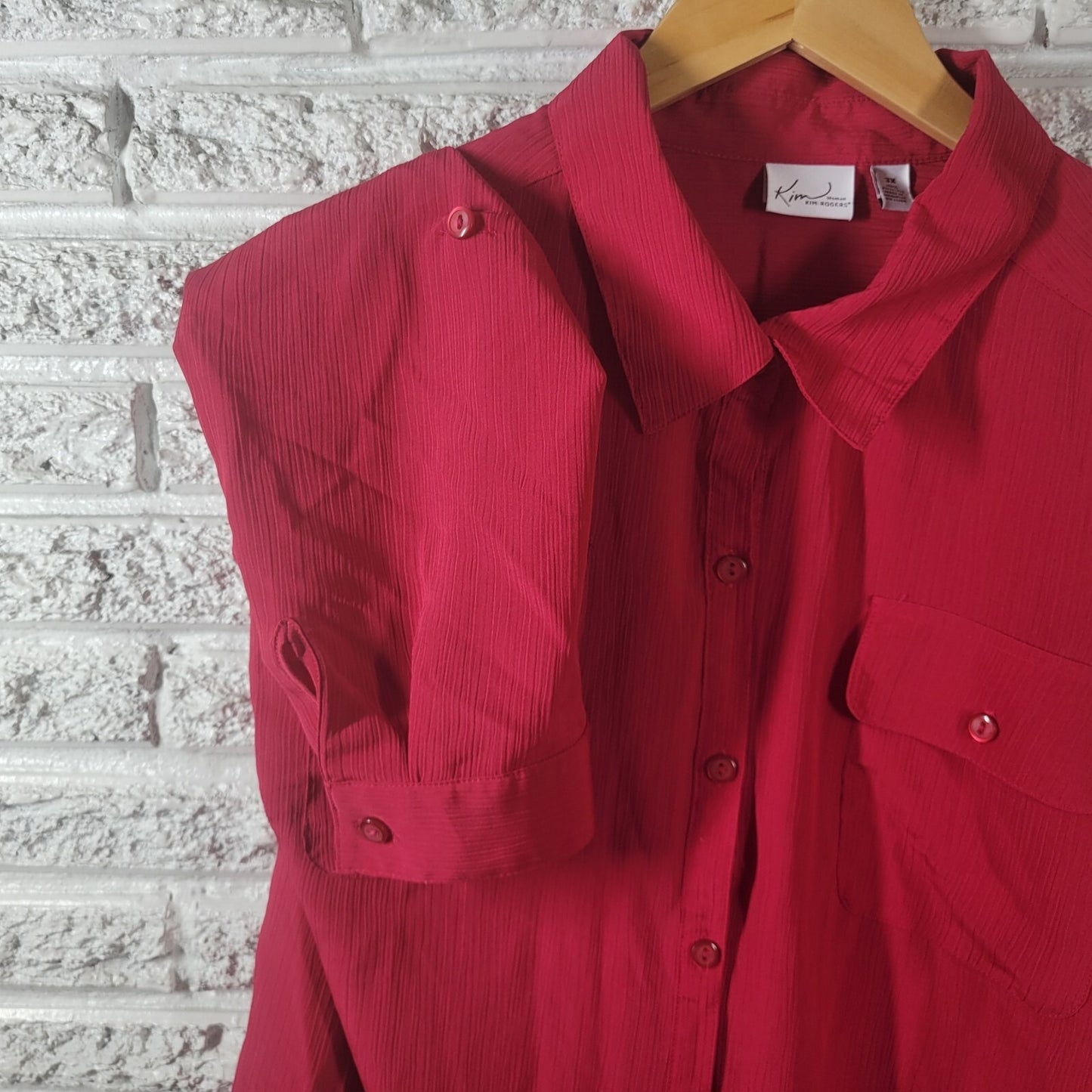 Kim Rogers Women Top 3X Plus Roll Tab Sleeve Red Pockets Lightweight Polyester