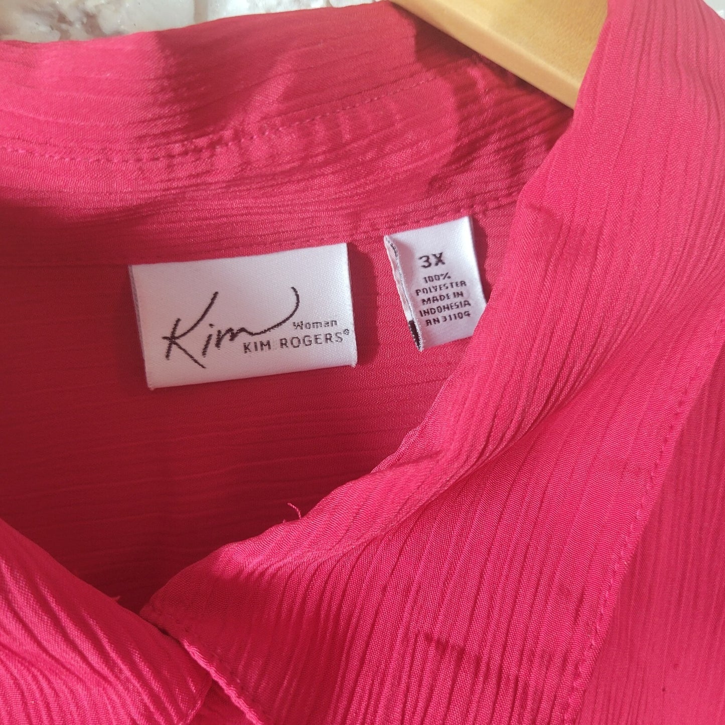 Kim Rogers Women Top 3X Plus Roll Tab Sleeve Red Pockets Lightweight Polyester