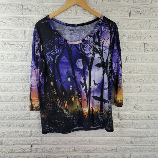 Halloween Women's XL T-Shirt Blue 3/4 Sleeve Stretch Casual Theme Tee NOV97E