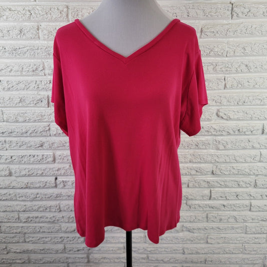 Liz Claiborne Womens Top 2X Plus Tee Short Sleeve Pink Cotton Comfy Casual VNeck